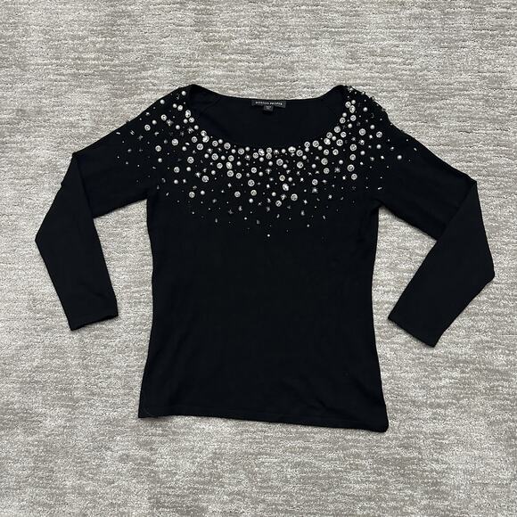 Boston Proper Sweater Womens Medium Black Embellished Rhinestone Scoop Neck - Picture 1 of 9